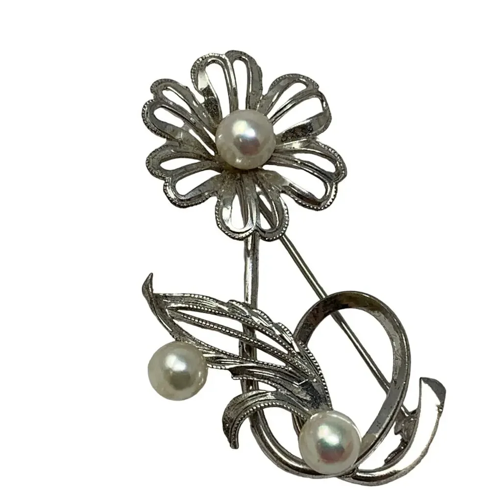 Vintage Floral Brooch Sterling Silver Pearl Details